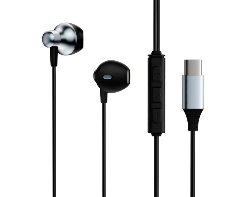 Type-C vezetékes fülhallgató, erőteljes mélybasszus, fém mikrofon, 102 dB érzékenység, 120 cm kábel