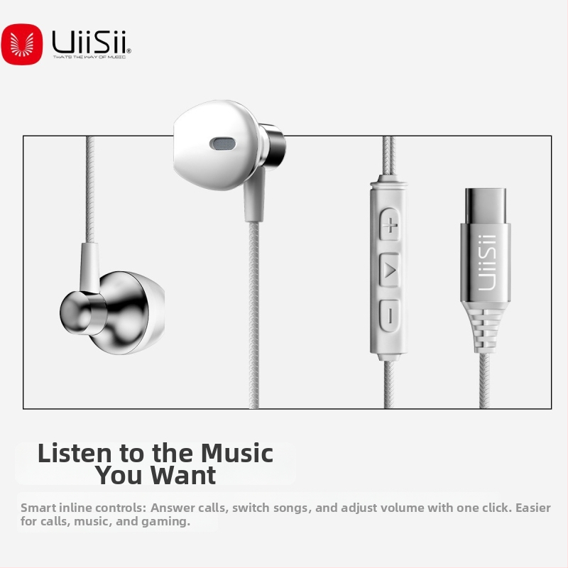 Type-C káblové slúchadlá, silný bas, kovový mikrofón, citlivosť 102 dB, dĺžka kábla 120 cm