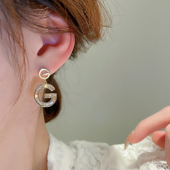 Meďové náušnice so zirkónovou vložkou, dvojité písmeno G, štýl Fresh and Sweet, pre ženy