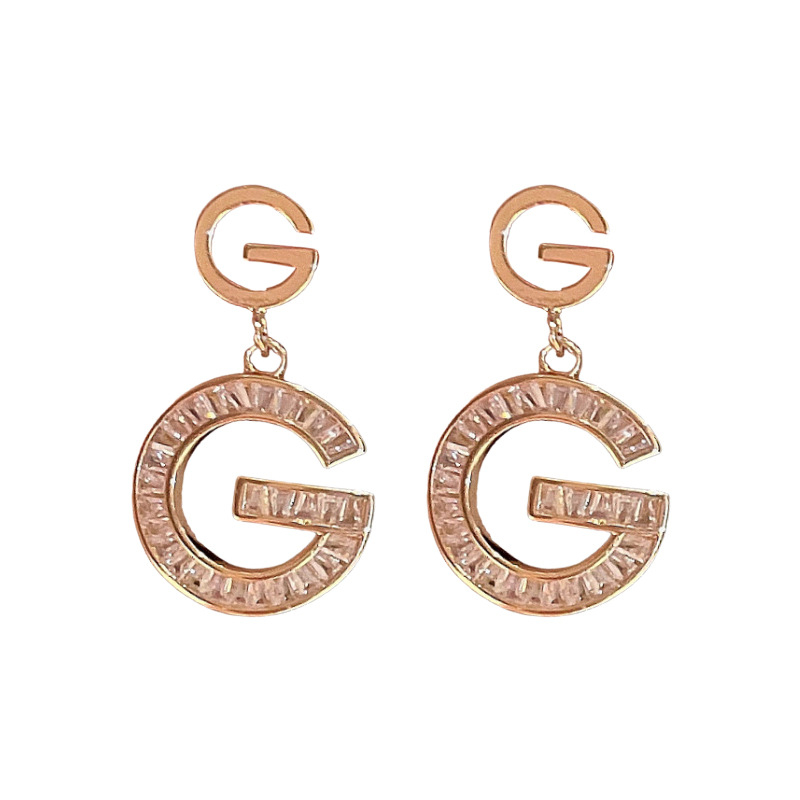 Meďové náušnice so zirkónovou vložkou, dvojité písmeno G, štýl Fresh and Sweet, pre ženy