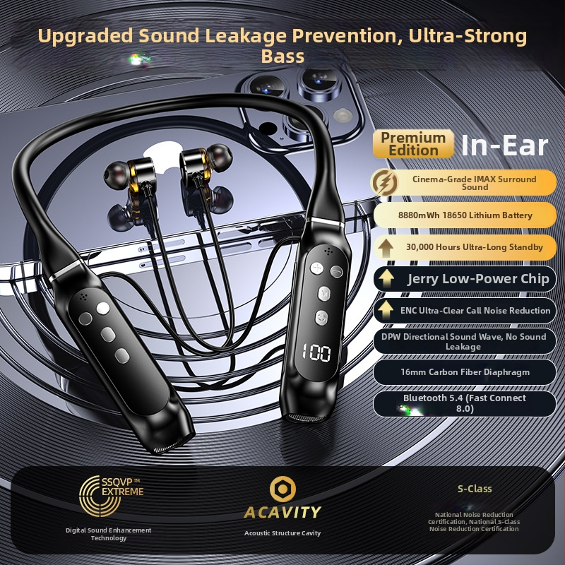 Căști Bluetooth fără fir pentru gât, cu anulare activă a zgomotului, Bluetooth 5.4, rază de 10 m, autonomie baterie peste 8 ore, display digital