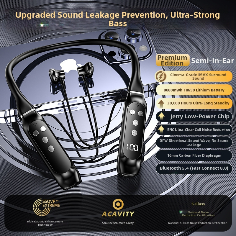 Căști Bluetooth fără fir pentru gât, cu anulare activă a zgomotului, Bluetooth 5.4, rază de 10 m, autonomie baterie peste 8 ore, display digital