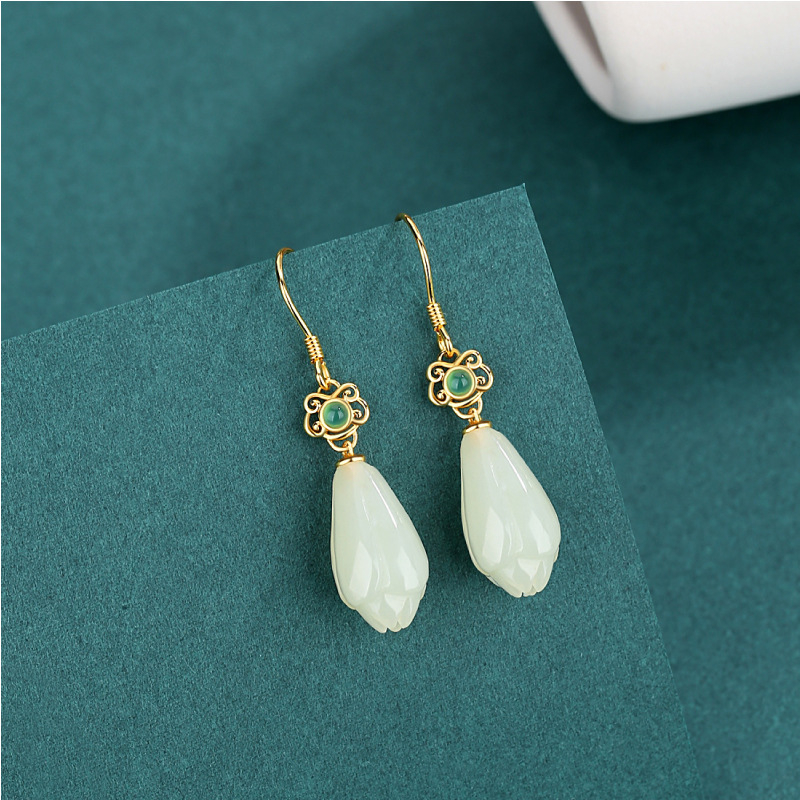 Naušnice od 925 srebra s motivom magnolije i Hetianskog jadea, kineski stil Hanfu