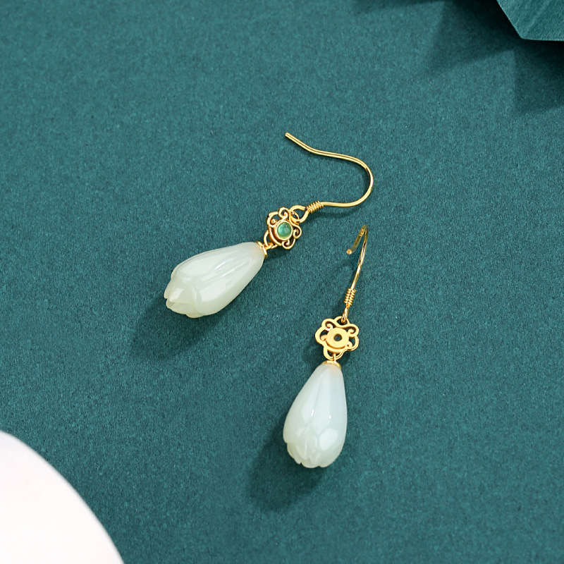Naušnice od 925 srebra s motivom magnolije i Hetianskog jadea, kineski stil Hanfu