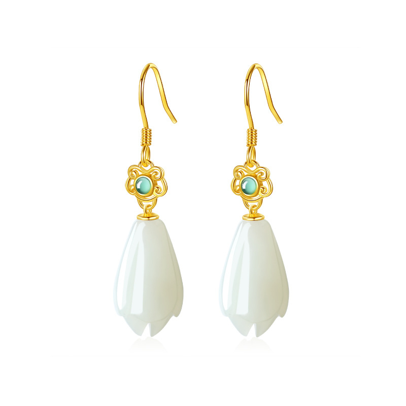 Naušnice od 925 srebra s motivom magnolije i Hetianskog jadea, kineski stil Hanfu