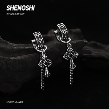 Náušnice s krížom a strapcami, meď, elektroplatovanie, geometrický tvar, punk štýl, dámske náušnice