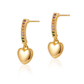 Náušnice srdcového tvaru z meďe, pozlátené 18K, s vsadeným zirkónom
