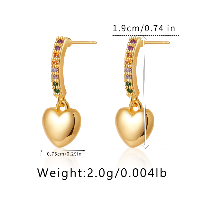 Náušnice srdcového tvaru z meďe, pozlátené 18K, s vsadeným zirkónom