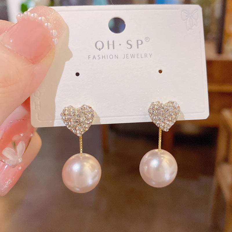 Σκουλαρίκια από χαλκό με καρδιά, μαργαριτάρι και διαμάντια, διπλής χρήσης, Yinuo, Καλοκαίρι 2022