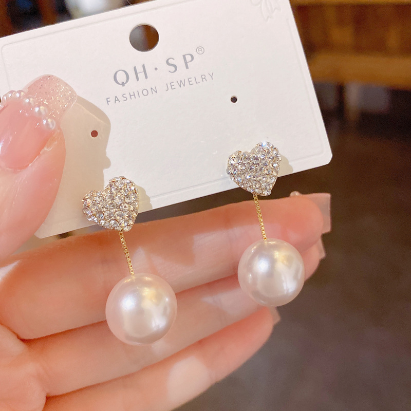 Σκουλαρίκια από χαλκό με καρδιά, μαργαριτάρι και διαμάντια, διπλής χρήσης, Yinuo, Καλοκαίρι 2022