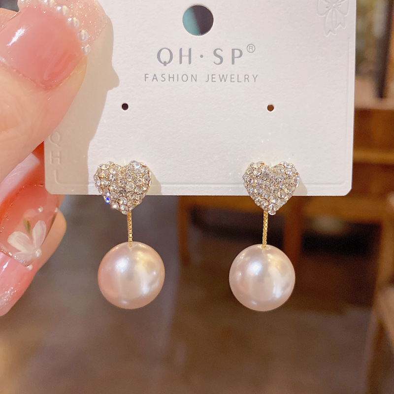 Σκουλαρίκια από χαλκό με καρδιά, μαργαριτάρι και διαμάντια, διπλής χρήσης, Yinuo, Καλοκαίρι 2022