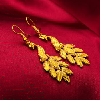 Σκουλαρίκια - επιχρυσωμένος ορείχαλκος με φούντες και peacock motif, μακρύς σχεδιασμός γραμμών, κορεατικό στυλ; προέλευση Γκουανγκτζού; Καλοκαίρι 2021