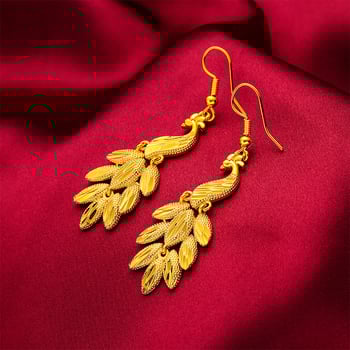 Σκουλαρίκια - επιχρυσωμένος ορείχαλκος με φούντες και peacock motif, μακρύς σχεδιασμός γραμμών, κορεατικό στυλ; προέλευση Γκουανγκτζού; Καλοκαίρι 2021