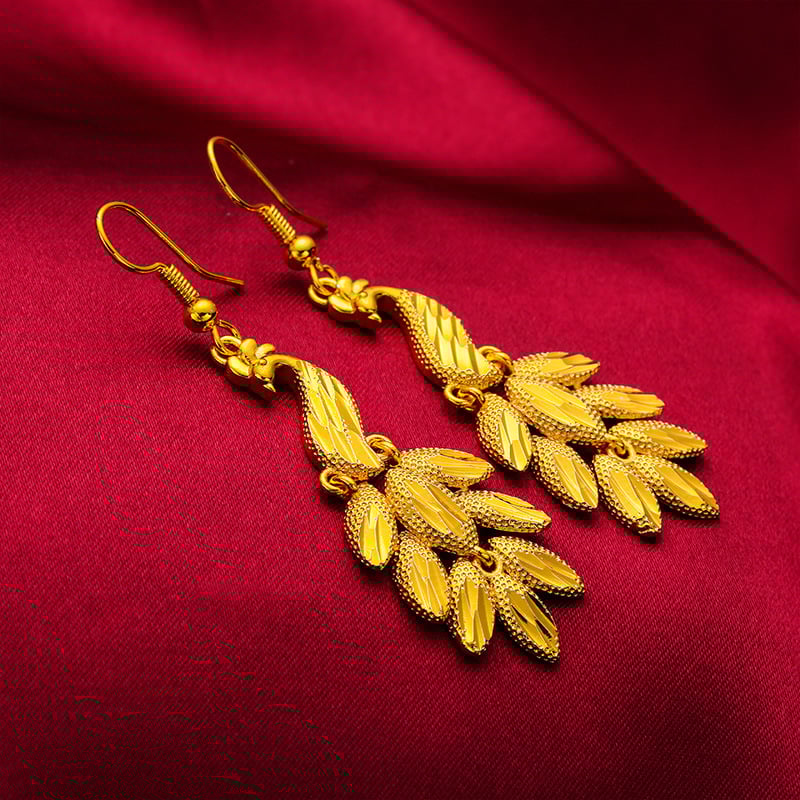 Σκουλαρίκια - επιχρυσωμένος ορείχαλκος με φούντες και peacock motif, μακρύς σχεδιασμός γραμμών, κορεατικό στυλ; προέλευση Γκουανγκτζού; Καλοκαίρι 2021