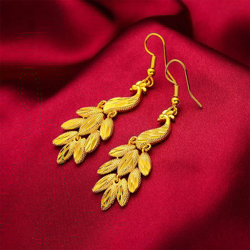 Σκουλαρίκια - επιχρυσωμένος ορείχαλκος με φούντες και peacock motif, μακρύς σχεδιασμός γραμμών, κορεατικό στυλ; προέλευση Γκουανγκτζού; Καλοκαίρι 2021