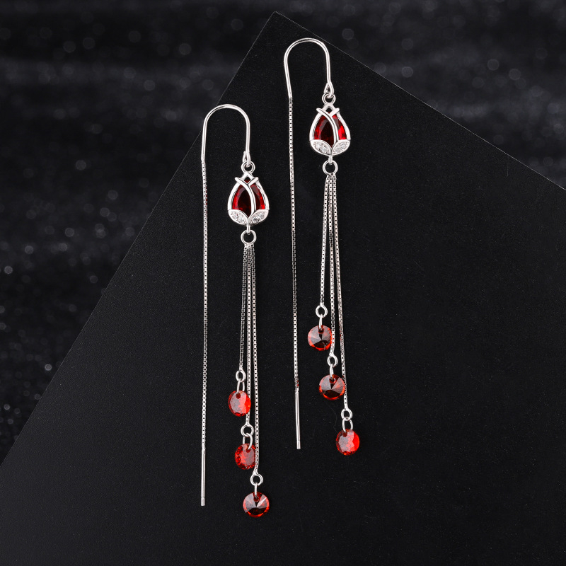 S925 ezüst fülbevaló, drop forma, liliom tasszal és cirkóniummal, nőknek, könnyű luxus