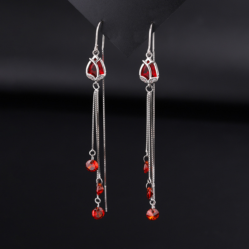 S925 ezüst fülbevaló, drop forma, liliom tasszal és cirkóniummal, nőknek, könnyű luxus