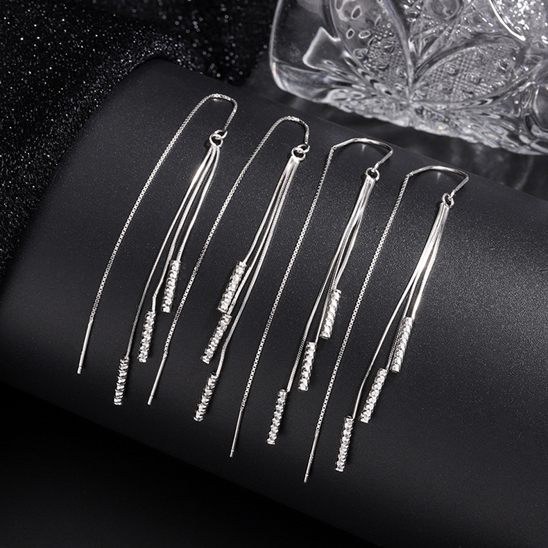 Fülbevalók S925 sterling ezüstből, hosszú bojtos fülbevalók, rombusz geometria, koreai stílus, friss és édes – nőknek