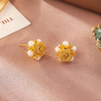 Σκουλαρίκια σε σχήμα λουλουδιού, χαλκός με πραγματικό επίχρυσμα, αιχμή από ασήμι 925