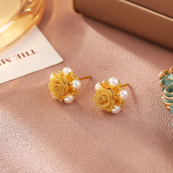 Σκουλαρίκια σε σχήμα λουλουδιού, χαλκός με πραγματικό επίχρυσμα, αιχμή από ασήμι 925