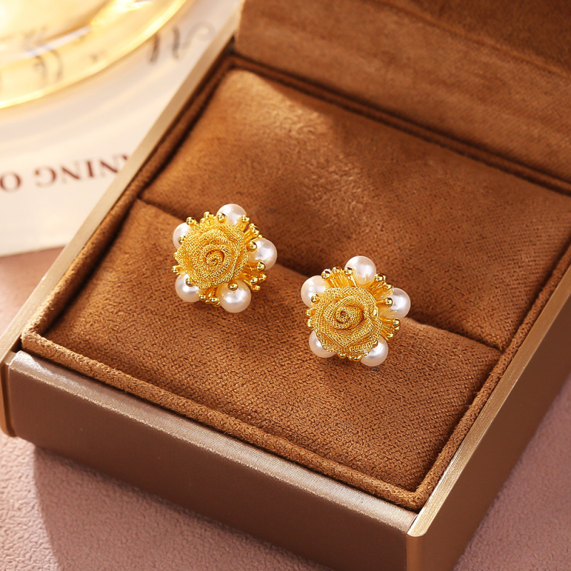 Σκουλαρίκια σε σχήμα λουλουδιού, χαλκός με πραγματικό επίχρυσμα, αιχμή από ασήμι 925