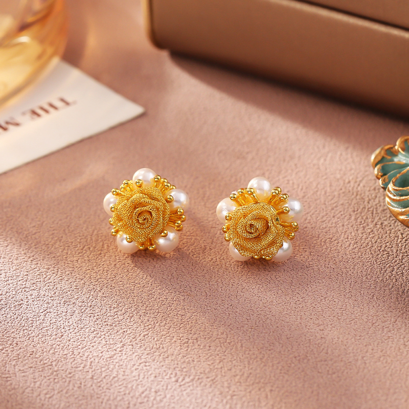 Σκουλαρίκια σε σχήμα λουλουδιού, χαλκός με πραγματικό επίχρυσμα, αιχμή από ασήμι 925