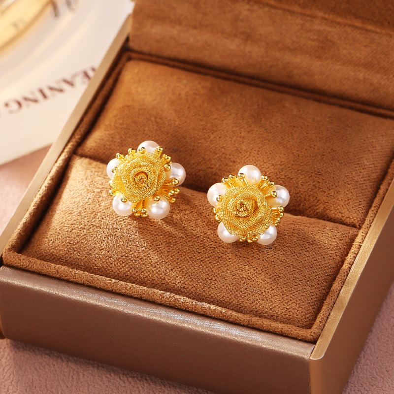 Σκουλαρίκια σε σχήμα λουλουδιού, χαλκός με πραγματικό επίχρυσμα, αιχμή από ασήμι 925