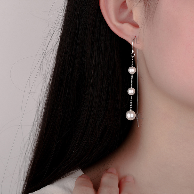 Fülbevalók - S925 ezüst, gyöngy bojt, geometriai stílus, könnyű luxus