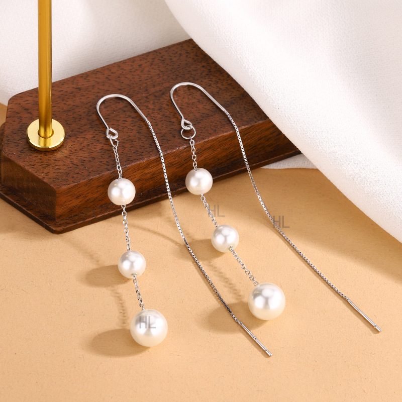 Fülbevalók - S925 ezüst, gyöngy bojt, geometriai stílus, könnyű luxus