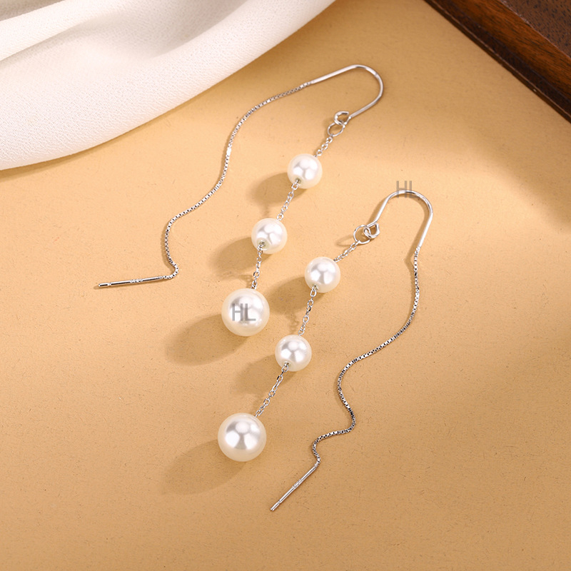 Fülbevalók - S925 ezüst, gyöngy bojt, geometriai stílus, könnyű luxus