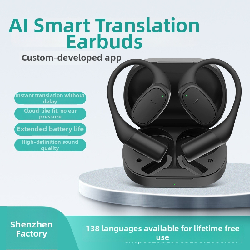 AI tulkošanas auskari konferencēm — vienlaicīga tulkošana, daudzvalodu tulkojums, Bluetooth 5.3, nēsāšana uz auss ar āķi, skārienvadība, modelis V1