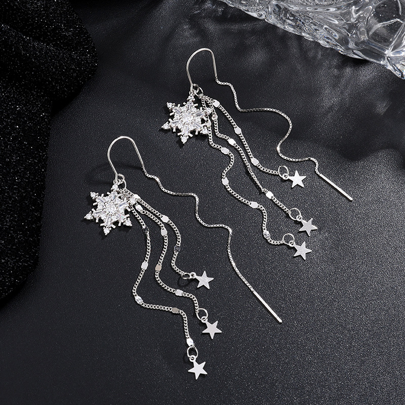 Fülbevalók tiszta ezüstből, hópehely és csillag függőkkel, elegáns divat ékszer