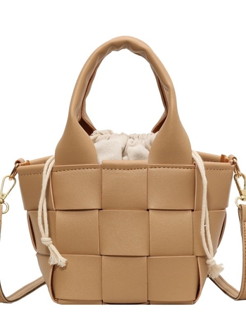 Geantă bucket din piele PU cu textură țesută, deschidere deschisă, formă orizontală pătrată, buzunar intern