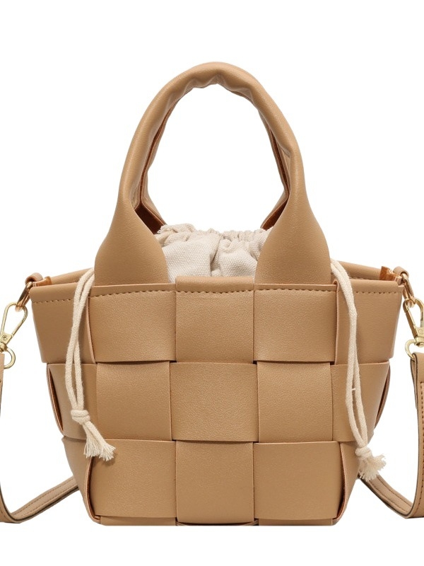 Geantă bucket din piele PU cu textură țesută, deschidere deschisă, formă orizontală pătrată, buzunar intern