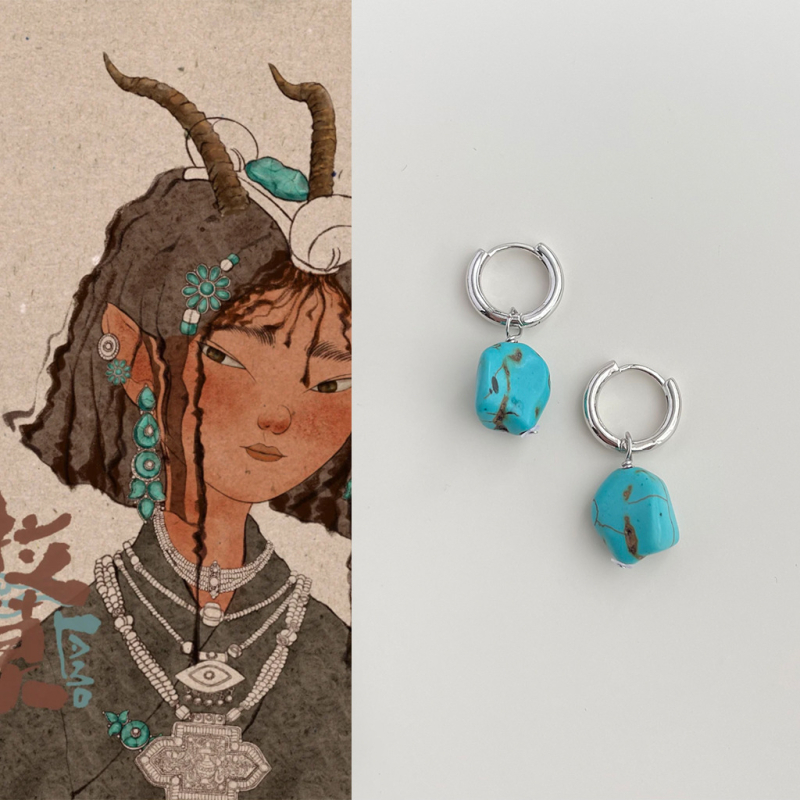 Cercei realizați manual, geometrici, în stil tibetan etnic, turcoaz sintetic – retro literar