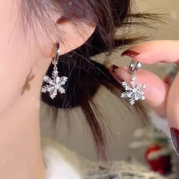 Cercei din cupru cu zirconiu – fulg de zăpadă rotativ, stil floare, iarnă 2024