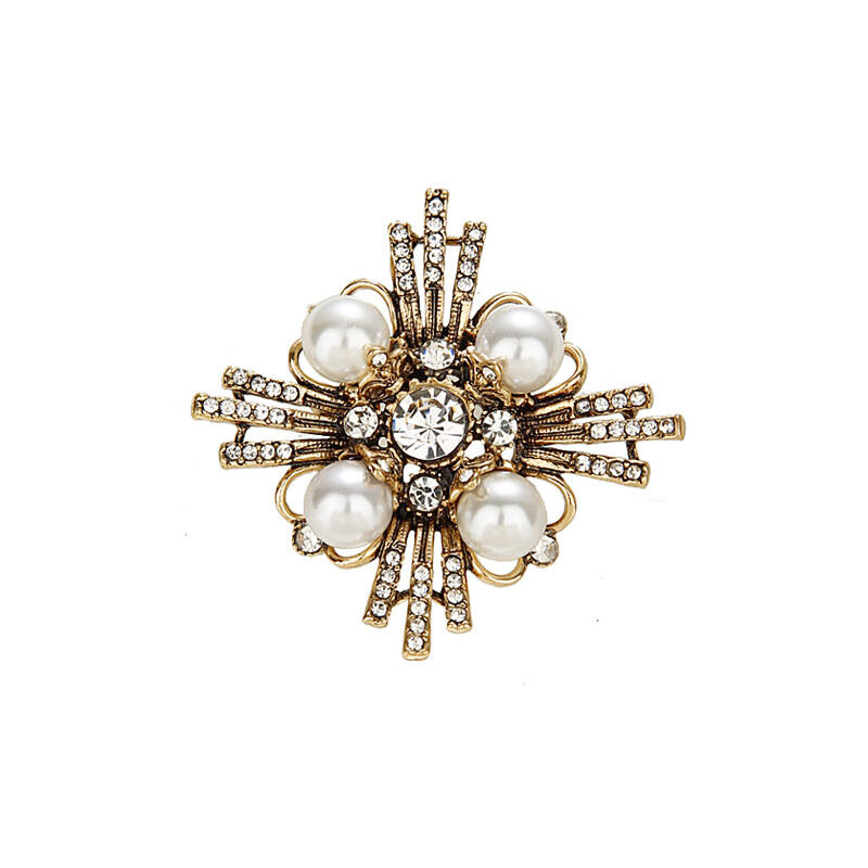 Broșă vintage cu cruce, diamante și perle pentru femei, cupru-zirconiu, 24 g, stil retro