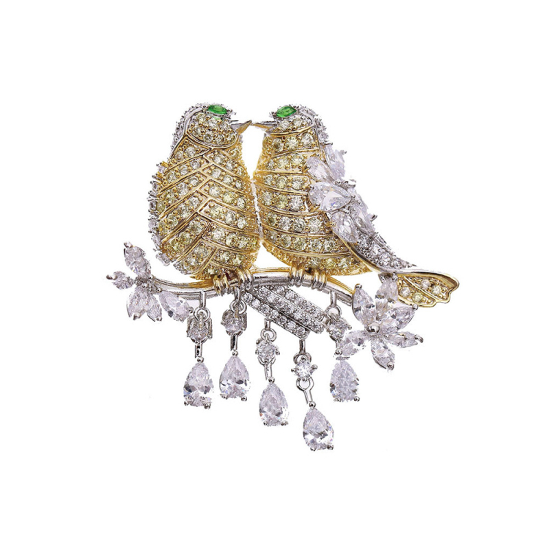 Broșă din cupru cu zircon micro-incrustat — stil coreean, motiv pasăre, finisaj electroplatinat
