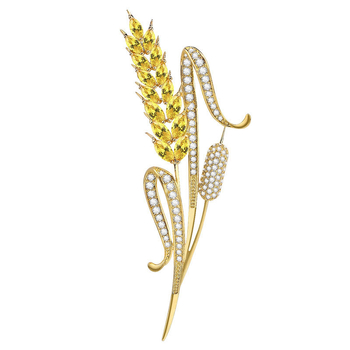 Réz kitűző búza szára motívummal, geometriai forma, gyémántokkal díszítve, női dekoratív kiegészítő