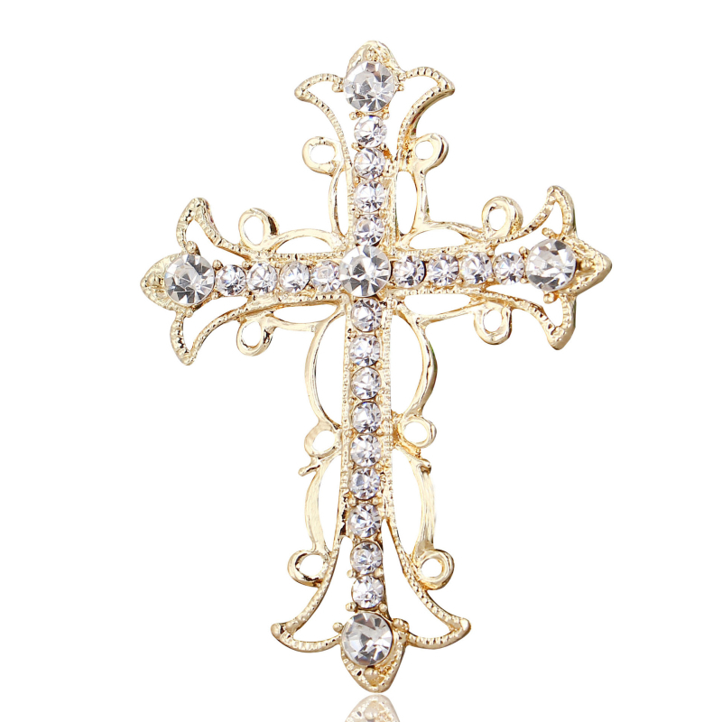Брошка-кръст със стрази, сплав с инкрустирани изкуствени камъни, електроплатиране, унисекс стил, прост дизайн
