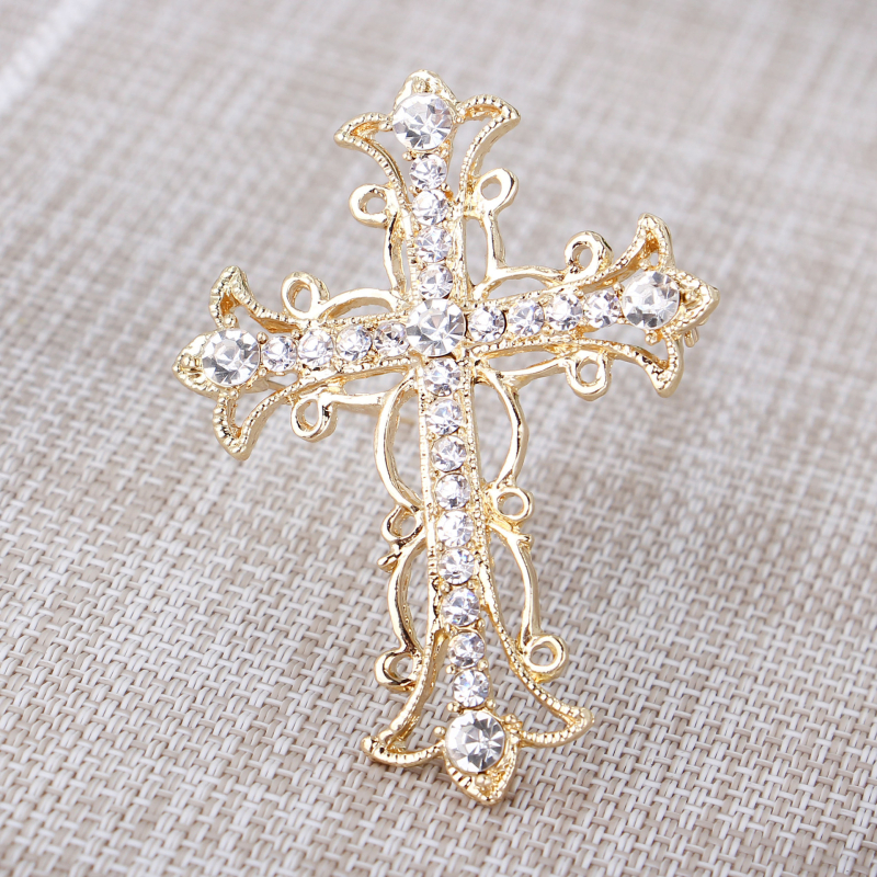 Брошка-кръст със стрази, сплав с инкрустирани изкуствени камъни, електроплатиране, унисекс стил, прост дизайн