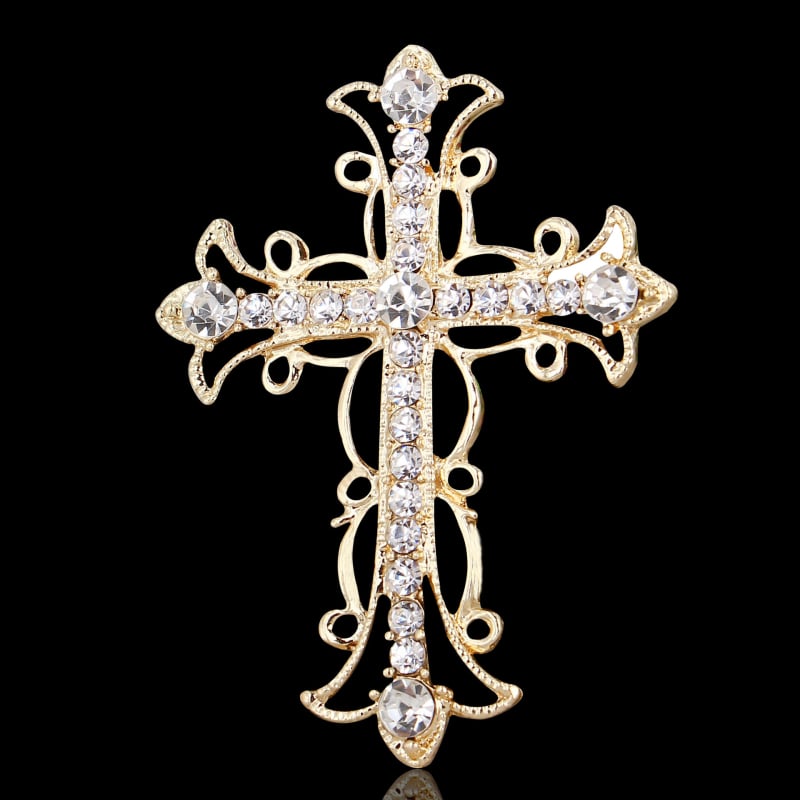 Брошка-кръст със стрази, сплав с инкрустирани изкуствени камъни, електроплатиране, унисекс стил, прост дизайн