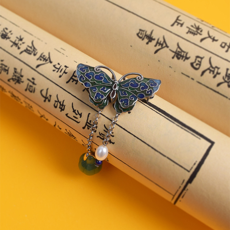 Broš s emajliranim leptirima, bakar, elektroplatina, kineski vjetar stil, motiv insekata