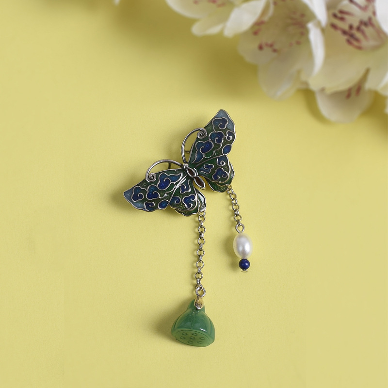 Broš s emajliranim leptirima, bakar, elektroplatina, kineski vjetar stil, motiv insekata