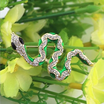 Broșă șarpe cu email lucios și diamante; accesoriu unisex pentru haine; material: aliaj; tratament: electroplating; tip: broșă; stil: animale
