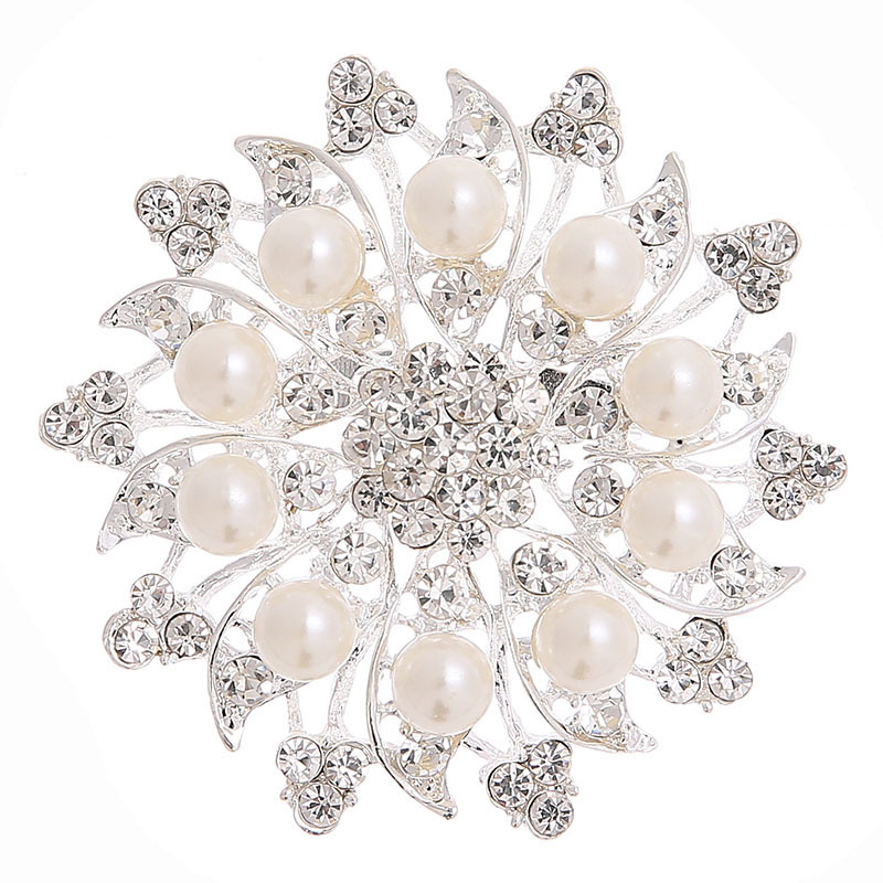 Broșă din aliaj cu paiete și perlă, în formă de floare, finisaj diamantat, stil feminin, prindere duală pentru eșarfă
