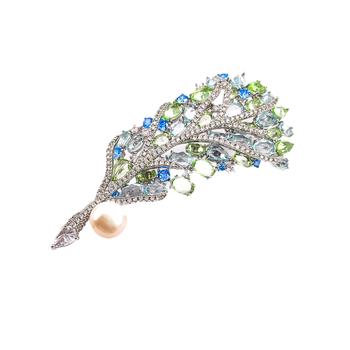 Réz brooch mikró-inhorgolt cirkóniával és természetes gyöngyökkel, levél mintás üreges tollakkal, dekoratív női kosztüm-részhez