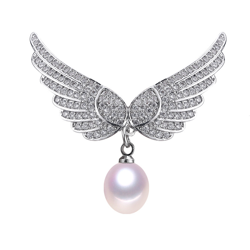 Broš s prirodnim biserom slatkovodnim i krilnim dizajnom, bakrena podloga, mikro pavé cirkon, SHDIYAYUN