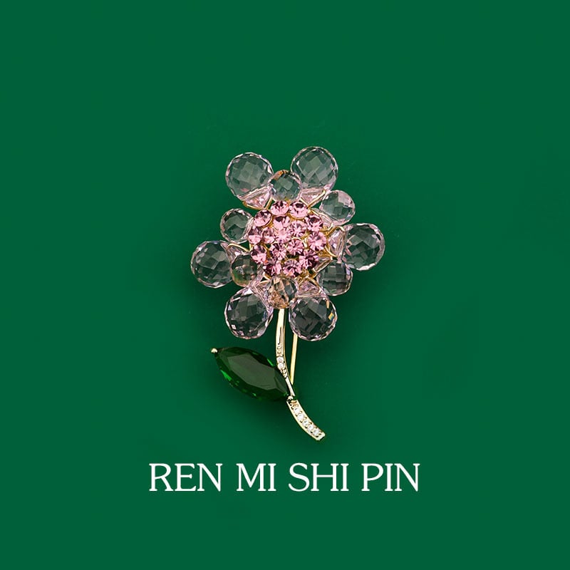 Broșă cu floare din cristal, lucrată manual, placare electrochimică, design floral, decorativă și multifuncțională