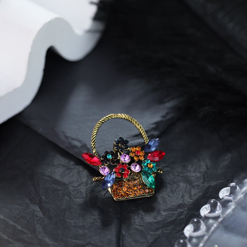 Broșă: coș cu flori, stil retro (Material: aliaj; Tratament: electroplating; Brand: Rulong Jewelry; Funcție: decorare)